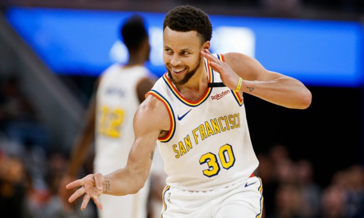 SAN FRANCISCO, CALIFORNIA - MARCH 5: Golden State Warriors' Stephen Curry (30) celebrates after scoring a three-point-shot during the third quarter of his teams game versus the Toronto Raptors at Chase Center in San Francisco on Thursday, March 5, 2020. (Randy Vazquez / Bay Area News Group)